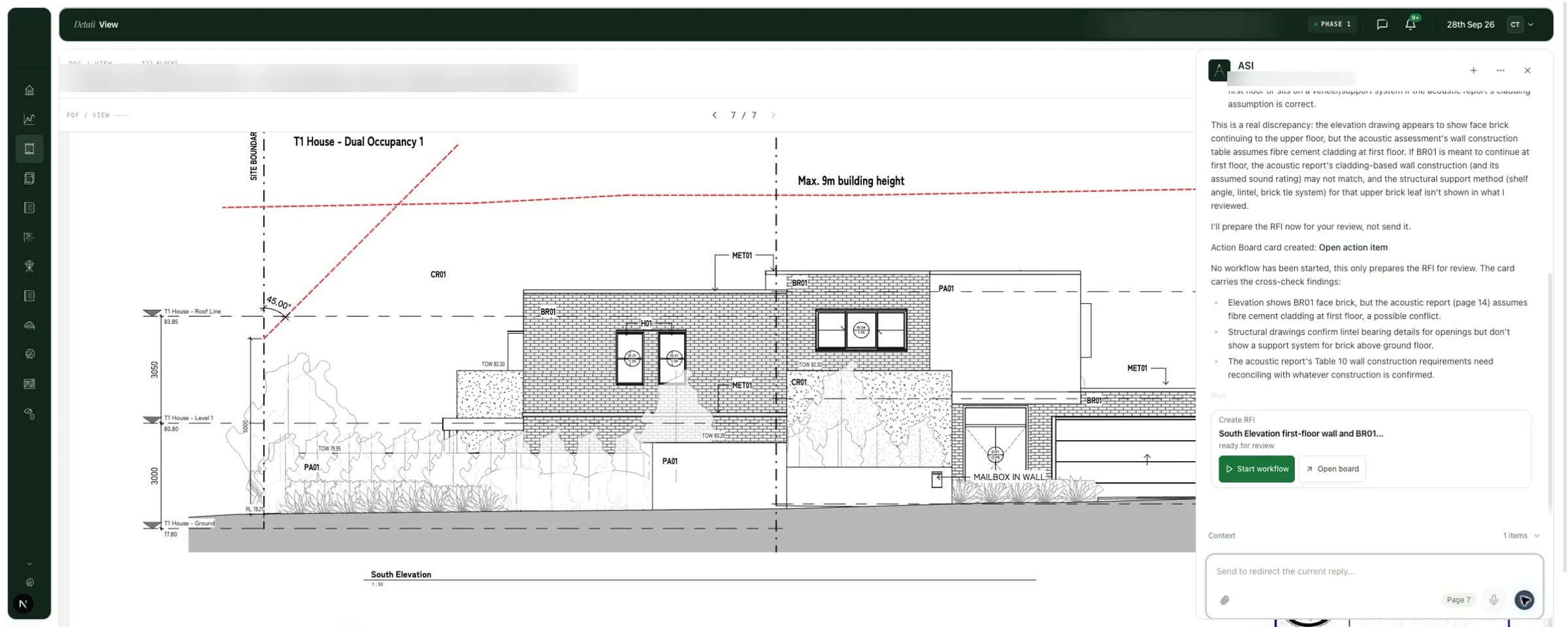 ASI Construct showing a South Elevation drawing beside ASI's finding: the elevation shows face brick at first floor, but the acoustic report assumes fibre cement cladding.