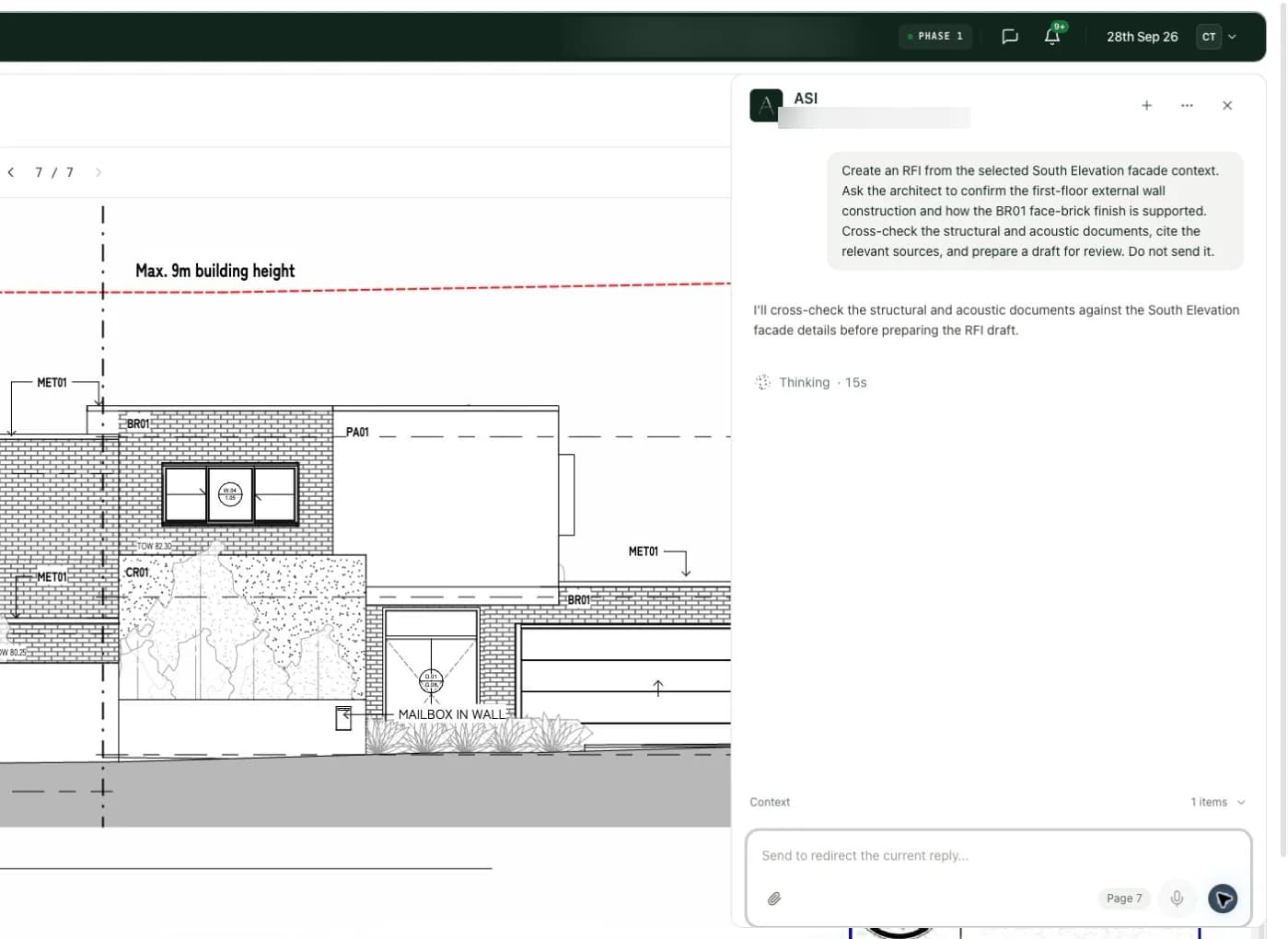 The drawing viewer with a request typed to ASI: create an RFI from the South Elevation and cross-check the structural and acoustic documents.