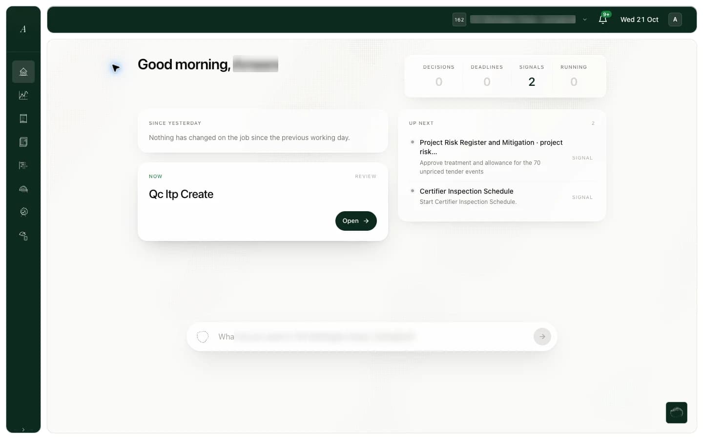 The current Overview page with decisions, deadlines, signals and running work, an ITP ready for review, and the next project actions.